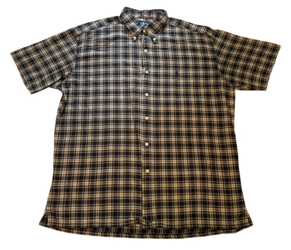 Ralph Lauren Greggor Shirt Mens Large Blue Plaid Short Sleeve Button Cotton